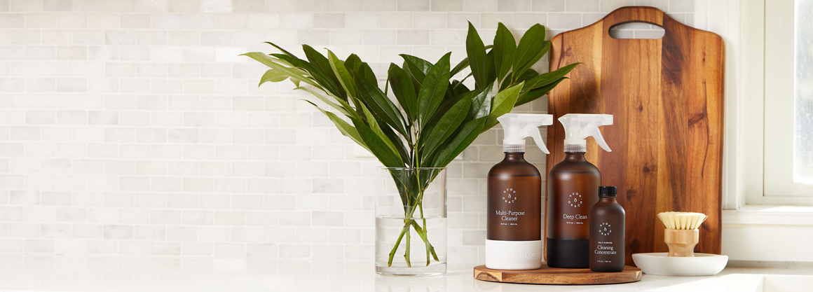 Several items including the multi-purpose cleaner, deep cplean, and cleaning consentrate sitting on a counter with a cutting board next to a plant.